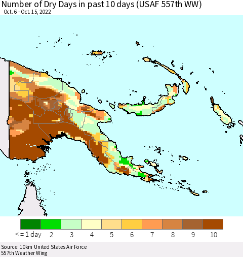 Papua New Guinea Number of Dry Days in past 10 days (USAF 557th WW) Thematic Map For 10/11/2022 - 10/15/2022