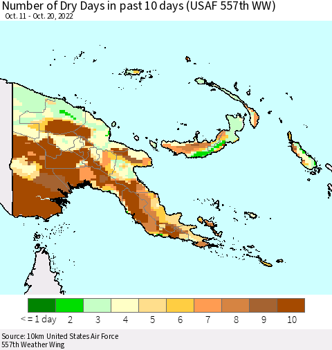 Papua New Guinea Number of Dry Days in past 10 days (USAF 557th WW) Thematic Map For 10/16/2022 - 10/20/2022