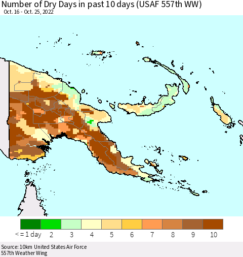 Papua New Guinea Number of Dry Days in past 10 days (USAF 557th WW) Thematic Map For 10/21/2022 - 10/25/2022