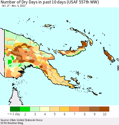 Papua New Guinea Number of Dry Days in past 10 days (USAF 557th WW) Thematic Map For 11/1/2022 - 11/5/2022