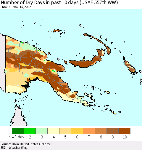 Papua New Guinea Number of Dry Days in past 10 days (USAF 557th WW) Thematic Map For 11/11/2022 - 11/15/2022