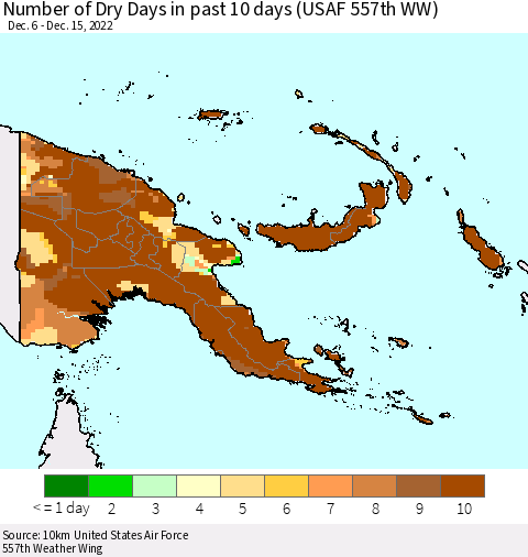 Papua New Guinea Number of Dry Days in past 10 days (USAF 557th WW) Thematic Map For 12/11/2022 - 12/15/2022