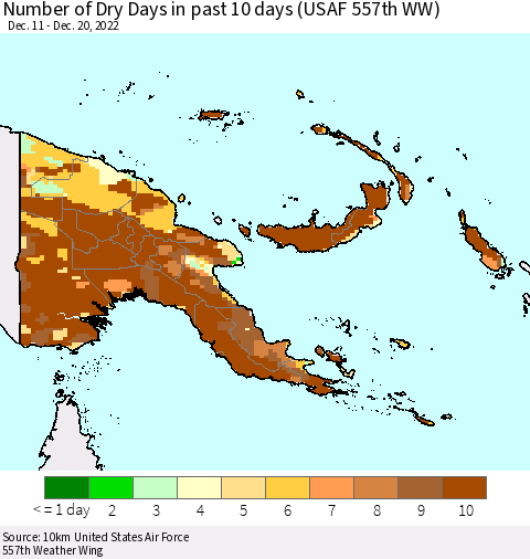 Papua New Guinea Number of Dry Days in past 10 days (USAF 557th WW) Thematic Map For 12/16/2022 - 12/20/2022