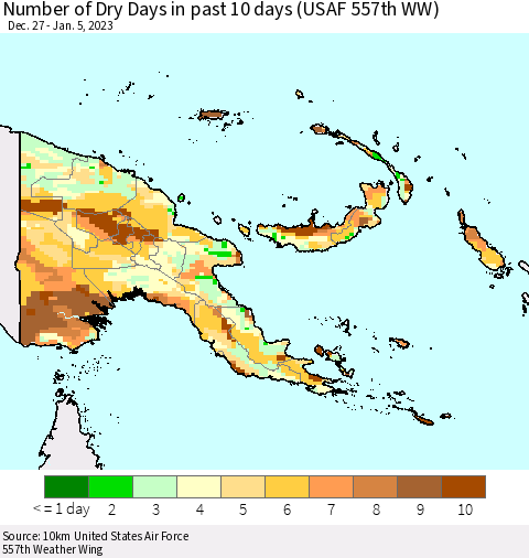 Papua New Guinea Number of Dry Days in past 10 days (USAF 557th WW) Thematic Map For 1/1/2023 - 1/5/2023