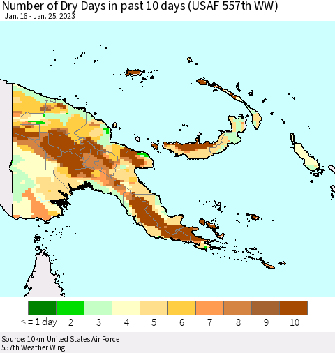 Papua New Guinea Number of Dry Days in past 10 days (USAF 557th WW) Thematic Map For 1/21/2023 - 1/25/2023