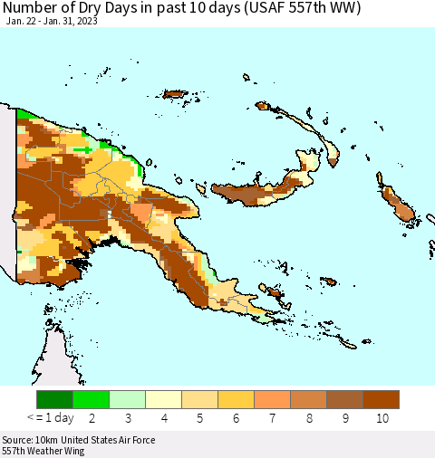 Papua New Guinea Number of Dry Days in past 10 days (USAF 557th WW) Thematic Map For 1/26/2023 - 1/31/2023