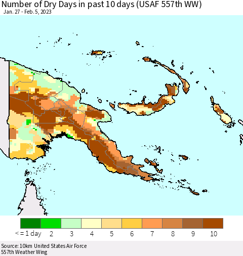 Papua New Guinea Number of Dry Days in past 10 days (USAF 557th WW) Thematic Map For 2/1/2023 - 2/5/2023