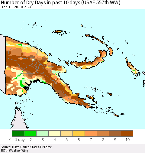 Papua New Guinea Number of Dry Days in past 10 days (USAF 557th WW) Thematic Map For 2/6/2023 - 2/10/2023
