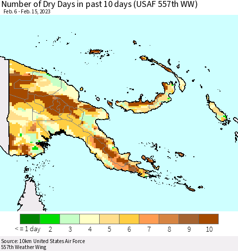 Papua New Guinea Number of Dry Days in past 10 days (USAF 557th WW) Thematic Map For 2/11/2023 - 2/15/2023