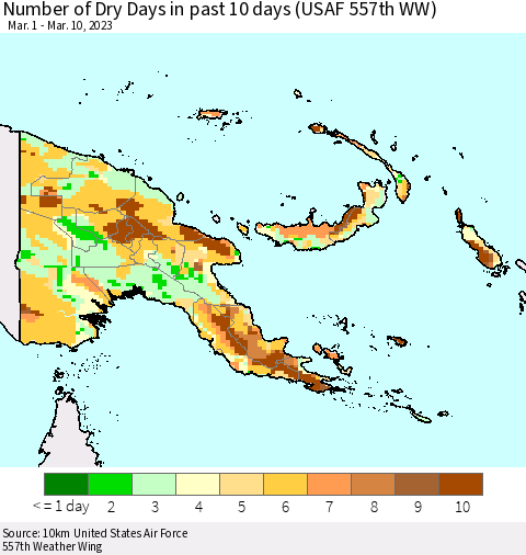 Papua New Guinea Number of Dry Days in past 10 days (USAF 557th WW) Thematic Map For 3/6/2023 - 3/10/2023