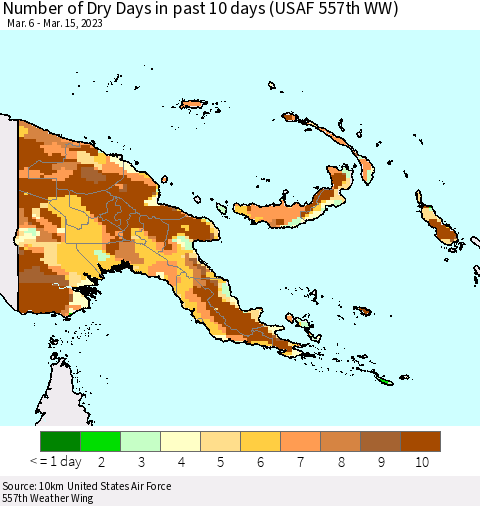Papua New Guinea Number of Dry Days in past 10 days (USAF 557th WW) Thematic Map For 3/11/2023 - 3/15/2023