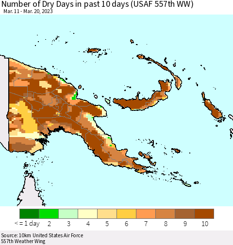 Papua New Guinea Number of Dry Days in past 10 days (USAF 557th WW) Thematic Map For 3/16/2023 - 3/20/2023