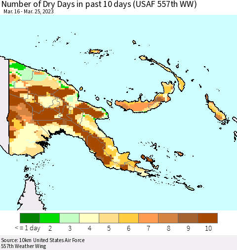 Papua New Guinea Number of Dry Days in past 10 days (USAF 557th WW) Thematic Map For 3/21/2023 - 3/25/2023