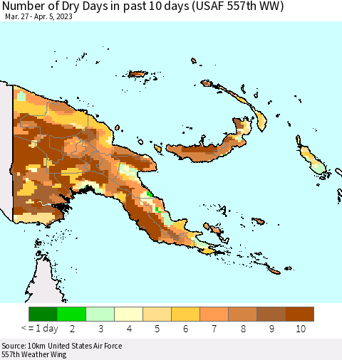 Papua New Guinea Number of Dry Days in past 10 days (USAF 557th WW) Thematic Map For 4/1/2023 - 4/5/2023