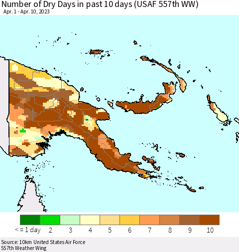 Papua New Guinea Number of Dry Days in past 10 days (USAF 557th WW) Thematic Map For 4/6/2023 - 4/10/2023
