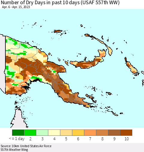 Papua New Guinea Number of Dry Days in past 10 days (USAF 557th WW) Thematic Map For 4/11/2023 - 4/15/2023