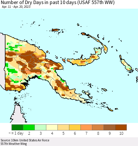Papua New Guinea Number of Dry Days in past 10 days (USAF 557th WW) Thematic Map For 4/16/2023 - 4/20/2023