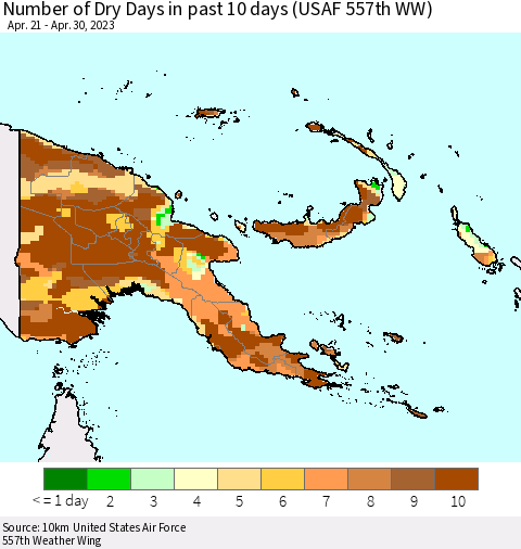 Papua New Guinea Number of Dry Days in past 10 days (USAF 557th WW) Thematic Map For 4/26/2023 - 4/30/2023