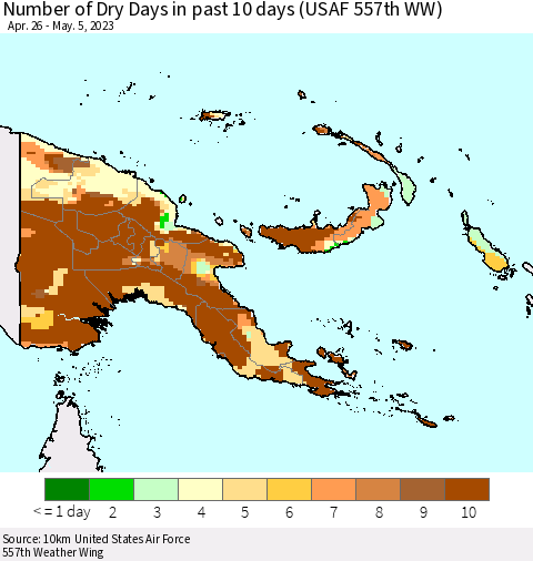 Papua New Guinea Number of Dry Days in past 10 days (USAF 557th WW) Thematic Map For 5/1/2023 - 5/5/2023