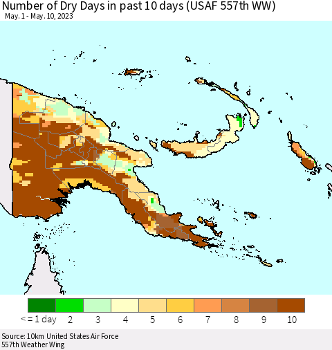 Papua New Guinea Number of Dry Days in past 10 days (USAF 557th WW) Thematic Map For 5/6/2023 - 5/10/2023