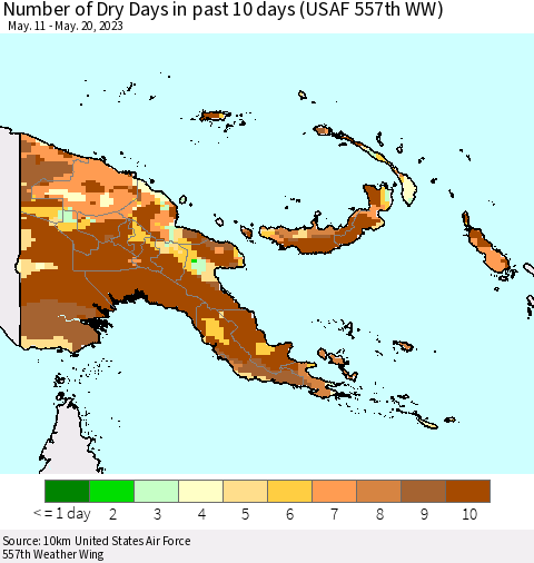 Papua New Guinea Number of Dry Days in past 10 days (USAF 557th WW) Thematic Map For 5/16/2023 - 5/20/2023