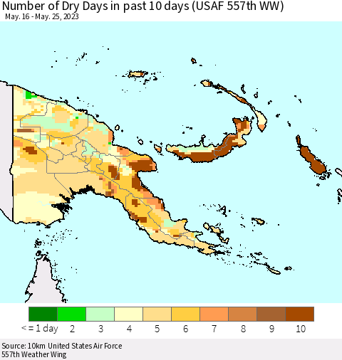Papua New Guinea Number of Dry Days in past 10 days (USAF 557th WW) Thematic Map For 5/21/2023 - 5/25/2023