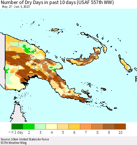 Papua New Guinea Number of Dry Days in past 10 days (USAF 557th WW) Thematic Map For 6/1/2023 - 6/5/2023