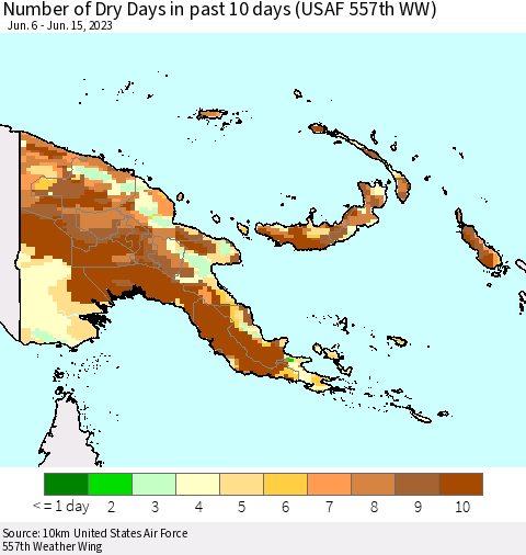 Papua New Guinea Number of Dry Days in past 10 days (USAF 557th WW) Thematic Map For 6/11/2023 - 6/15/2023