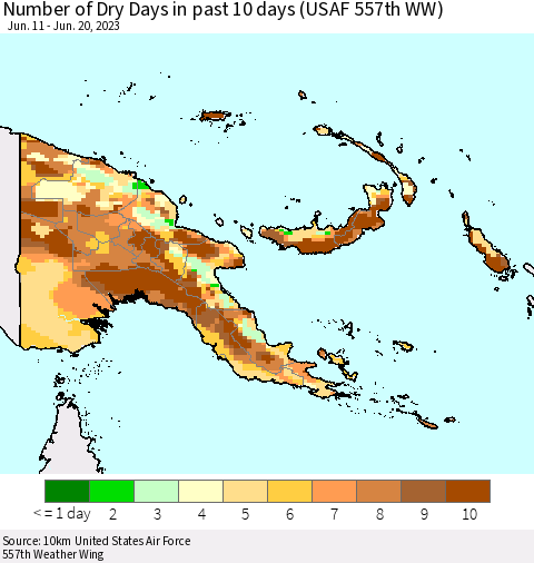 Papua New Guinea Number of Dry Days in past 10 days (USAF 557th WW) Thematic Map For 6/16/2023 - 6/20/2023