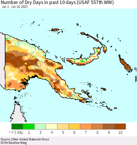 Papua New Guinea Number of Dry Days in past 10 days (USAF 557th WW) Thematic Map For 7/6/2023 - 7/10/2023