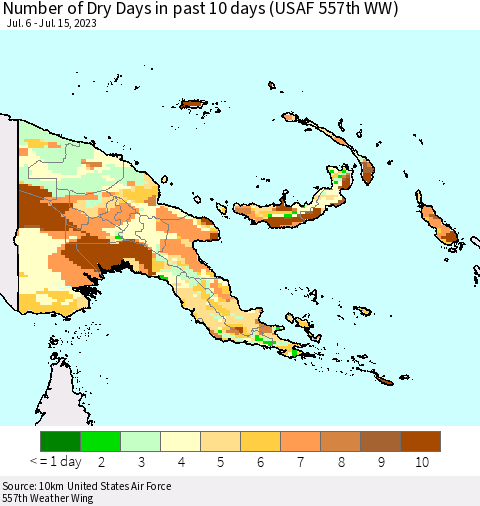 Papua New Guinea Number of Dry Days in past 10 days (USAF 557th WW) Thematic Map For 7/11/2023 - 7/15/2023