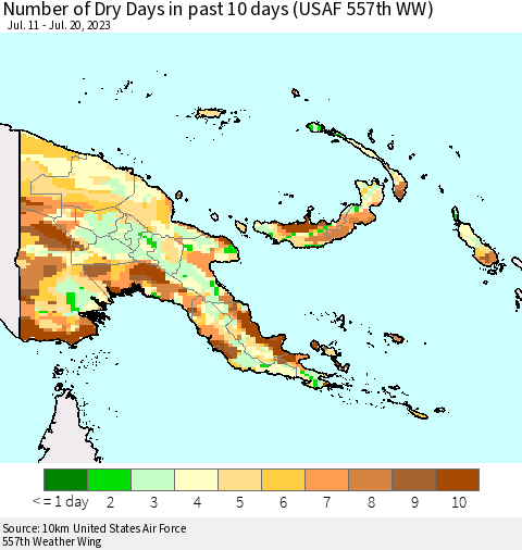 Papua New Guinea Number of Dry Days in past 10 days (USAF 557th WW) Thematic Map For 7/16/2023 - 7/20/2023