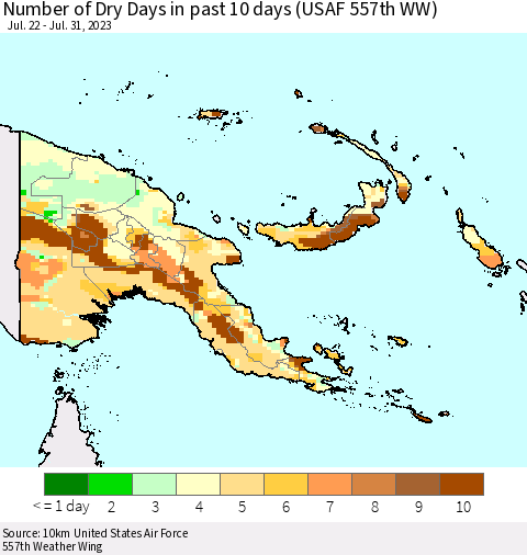 Papua New Guinea Number of Dry Days in past 10 days (USAF 557th WW) Thematic Map For 7/26/2023 - 7/31/2023