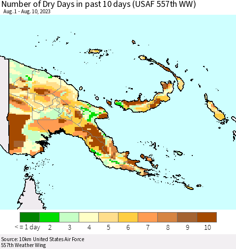 Papua New Guinea Number of Dry Days in past 10 days (USAF 557th WW) Thematic Map For 8/6/2023 - 8/10/2023