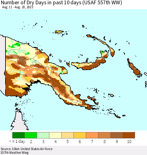 Papua New Guinea Number of Dry Days in past 10 days (USAF 557th WW) Thematic Map For 8/16/2023 - 8/20/2023
