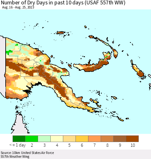 Papua New Guinea Number of Dry Days in past 10 days (USAF 557th WW) Thematic Map For 8/21/2023 - 8/25/2023