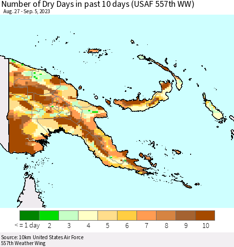 Papua New Guinea Number of Dry Days in past 10 days (USAF 557th WW) Thematic Map For 9/1/2023 - 9/5/2023