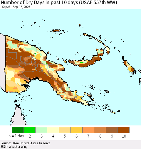 Papua New Guinea Number of Dry Days in past 10 days (USAF 557th WW) Thematic Map For 9/11/2023 - 9/15/2023
