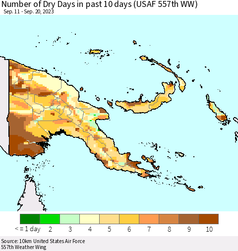 Papua New Guinea Number of Dry Days in past 10 days (USAF 557th WW) Thematic Map For 9/16/2023 - 9/20/2023