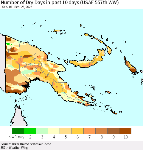 Papua New Guinea Number of Dry Days in past 10 days (USAF 557th WW) Thematic Map For 9/21/2023 - 9/25/2023