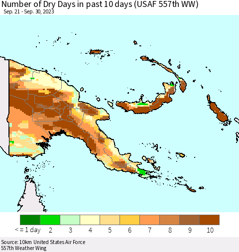 Papua New Guinea Number of Dry Days in past 10 days (USAF 557th WW) Thematic Map For 9/26/2023 - 9/30/2023