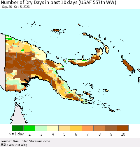 Papua New Guinea Number of Dry Days in past 10 days (USAF 557th WW) Thematic Map For 10/1/2023 - 10/5/2023