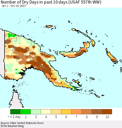 Papua New Guinea Number of Dry Days in past 10 days (USAF 557th WW) Thematic Map For 10/6/2023 - 10/10/2023