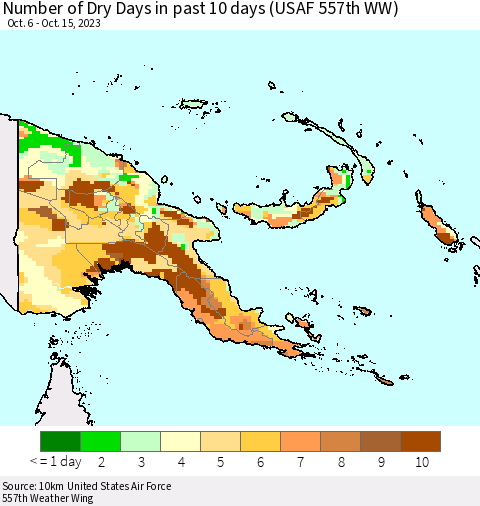 Papua New Guinea Number of Dry Days in past 10 days (USAF 557th WW) Thematic Map For 10/11/2023 - 10/15/2023