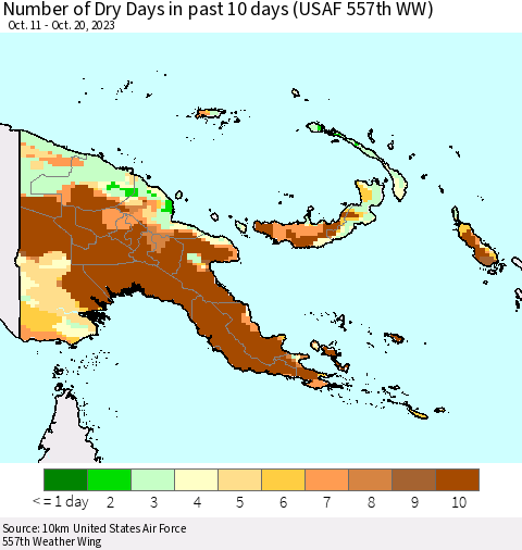 Papua New Guinea Number of Dry Days in past 10 days (USAF 557th WW) Thematic Map For 10/16/2023 - 10/20/2023