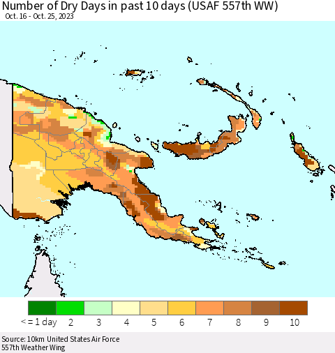 Papua New Guinea Number of Dry Days in past 10 days (USAF 557th WW) Thematic Map For 10/21/2023 - 10/25/2023