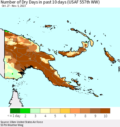 Papua New Guinea Number of Dry Days in past 10 days (USAF 557th WW) Thematic Map For 11/1/2023 - 11/5/2023