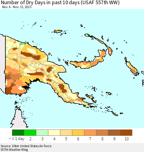 Papua New Guinea Number of Dry Days in past 10 days (USAF 557th WW) Thematic Map For 11/11/2023 - 11/15/2023