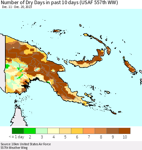Papua New Guinea Number of Dry Days in past 10 days (USAF 557th WW) Thematic Map For 12/16/2023 - 12/20/2023