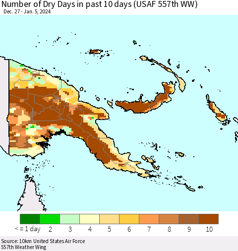 Papua New Guinea Number of Dry Days in past 10 days (USAF 557th WW) Thematic Map For 1/1/2024 - 1/5/2024